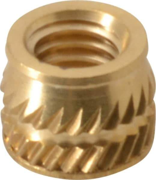 E-Z LOK - #10-32, 0.267" Small to 0.277" Large End Hole Diam, Brass Single Vane Tapered Hole Threaded Insert - 0.296" Insert, 0.272" Pilot Diam, 0.225" OAL, 0.159" Min Wall Thickness - Apex Tool & Supply