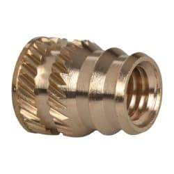 E-Z LOK - #10-32, 0.246" Small to 0.277" Large End Hole Diam, Brass Double Vane Tapered Hole Threaded Insert - 19/64" Insert, 1/4" Pilot Diam, 3/8" OAL, 0.159" Min Wall Thickness - Apex Tool & Supply