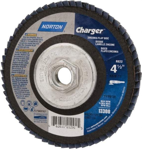 Norton - 24 Grit, 4-1/2" Disc Diam, 5/8-11 Center Hole, Type 29 Zirconia Alumina Flap Disc - 13,000 Max RPM, Fiberglass Backing, Coated - Apex Tool & Supply