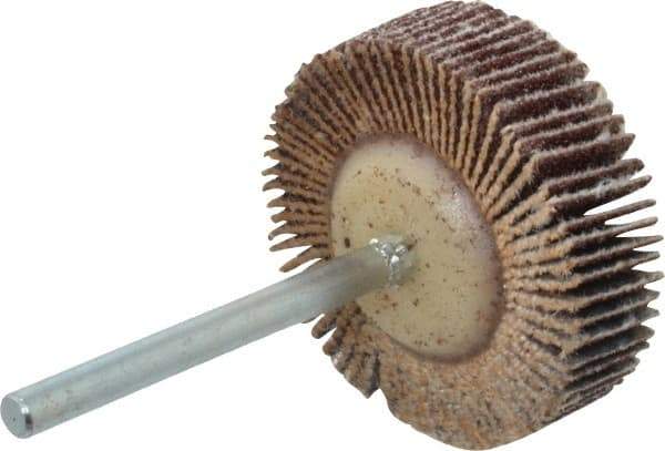 Merit Abrasives - 1-3/16" Diam x 3/8" Face Width, Medium Aluminum Oxide Coated Mounted Flap Wheel - 1/8" Shank Mount, 80 Grit, Cloth Backing, 30,000 Max RPM - Apex Tool & Supply