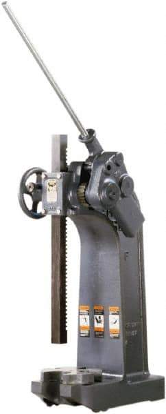 Dake - 1-1/2" Ram, 7-3/4" Throat Depth, 6 Ton Manual Arbor Press - 20-1/4" Max Work Height x 15-1/2" Max Work Width, Compound Leverage, 66:1 Leverage Ratio, 8-1/4" Base Width x 20" Base Depth - Apex Tool & Supply