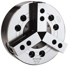 Kitagawa - 3 Jaws, 8" Chuck Diam, Plain Back Mount, Drawbar, Air, Hydraulic Power Lathe Chuck - 16,826 Lb Force per Jaw, 1.5mm x 60 Serrated Jaw Interface, 23mm to 210mm Jaw Capacity, 4,760 RPM, Steel Body - Apex Tool & Supply