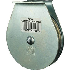 Block Division - 800 Lbs. Load Limit, Flat Standard Block - Upright Mount, Single Sheave, 3 Inch Outside Diameter, Wire Rope, 1/4 Inch Diameter, Eye, 7/8 Inch Inside Diameter, Carbon Steel, Zinc Plated Finish - Apex Tool & Supply