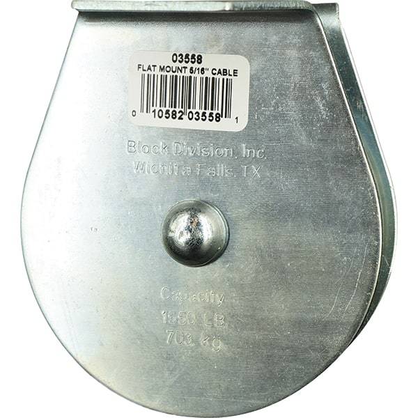 Block Division - 1, 550 Lbs. Load Limit, Flat Standard Block - Upright Mount, Single Sheave, 3-1/2 Inch Outside Diameter, Wire Rope, 5/16 Inch Diameter, Eye, 1-3/16 Inch Inside Diameter, Carbon Steel, Zinc Plated Finish - Apex Tool & Supply