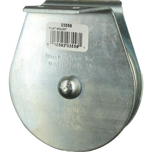 Block Division - 1, 550 Lbs. Load Limit, Flat Standard Block - Upright Mount, Single Sheave, 3-3/4 Inch Outside Diameter, Wire Rope, 3/8 Inch Diameter, Eye, 1-1/8 Inch Inside Diameter, Carbon Steel, Zinc Plated Finish - Apex Tool & Supply