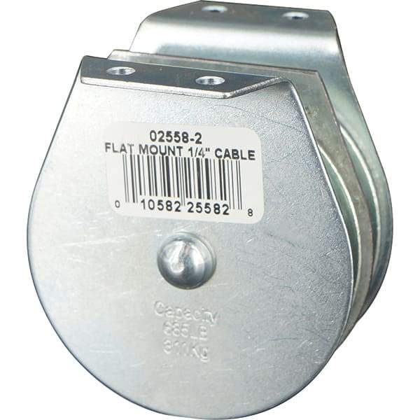 Block Division - 685 Lbs. Load Limit, Flat Standard Block - Upright Mount, Double Sheave, 2-1/2 Inch Outside Diameter, Wire Rope, 1/4 Inch Diameter, Eye, 7/8 Inch Inside Diameter, Carbon Steel, Zinc Plated Finish - Apex Tool & Supply