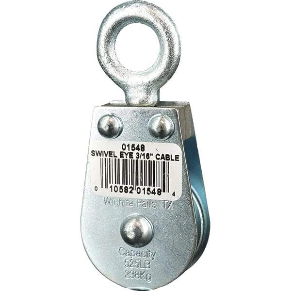 Block Division - 525 Lbs. Load Limit, Swivel Eye Standard Block - Single Sheave, 1-1/2 Inch Outside Diameter, Wire Rope, 3/16 Inch Diameter, Eye, 5/8 Inch Inside Diameter, Carbon Steel, Zinc Plated Finish - Apex Tool & Supply