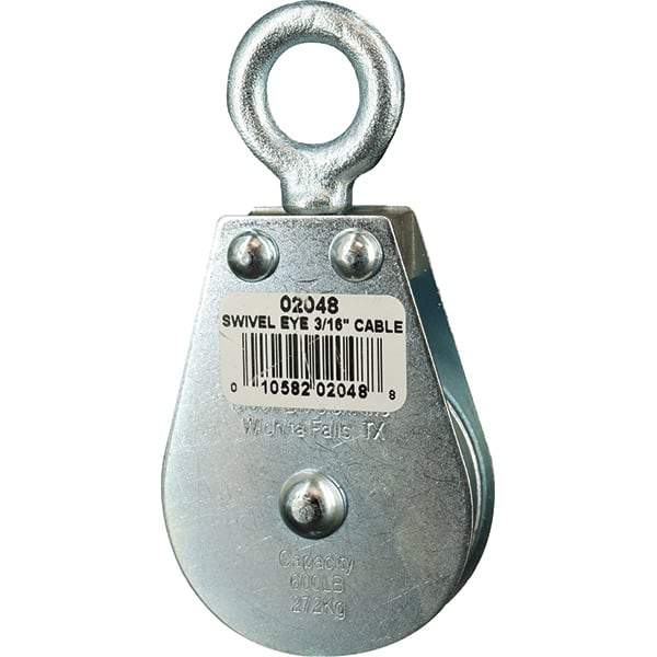 Block Division - 600 Lbs. Load Limit, Swivel Eye Standard Block - Single Sheave, 2 Inch Outside Diameter, Wire Rope, 3/16 Inch Diameter, Eye, 5/8 Inch Inside Diameter, Carbon Steel, Zinc Plated Finish - Apex Tool & Supply
