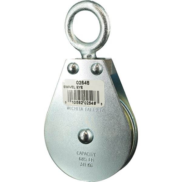 Block Division - 685 Lbs. Load Limit, Swivel Eye Standard Block - Single Sheave, 2-1/2 Inch Outside Diameter, Wire Rope, 1/4 Inch Diameter, Eye, 7/8 Inch Inside Diameter, Carbon Steel, Zinc Plated Finish - Apex Tool & Supply