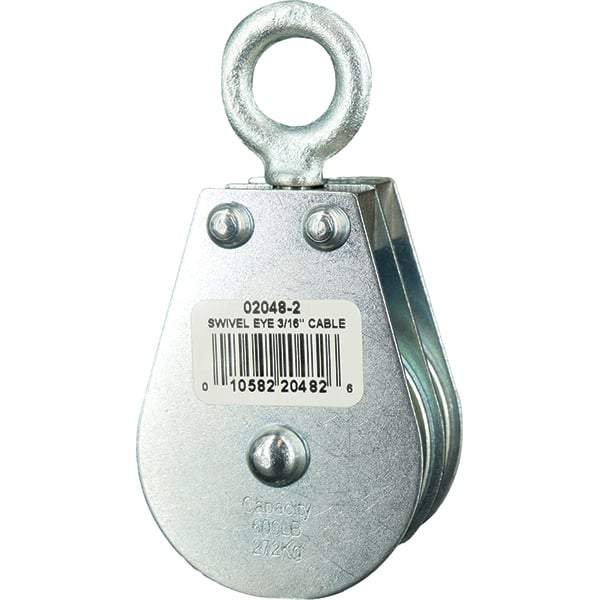 Block Division - 600 Lbs. Load Limit, Swivel Eye Standard Block - Double Sheave, 2 Inch Outside Diameter, Wire Rope, 3/16 Inch Diameter, Eye, 5/8 Inch Inside Diameter, Carbon Steel, Zinc Plated Finish - Apex Tool & Supply