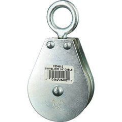 Block Division - 685 Lbs. Load Limit, Swivel Eye Standard Block - Double Sheave, 2-1/2 Inch Outside Diameter, Wire Rope, 1/4 Inch Diameter, Eye, 7/8 Inch Inside Diameter, Carbon Steel, Zinc Plated Finish - Apex Tool & Supply