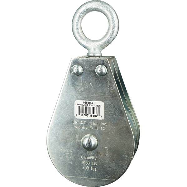 Block Division - 1, 550 Lbs. Load Limit, Swivel Eye Standard Block - Double Sheave, 3-1/2 Inch Outside Diameter, Wire Rope, 5/16 Inch Diameter, Eye, 1-3/16 Inch Inside Diameter, Carbon Steel, Zinc Plated Finish - Apex Tool & Supply