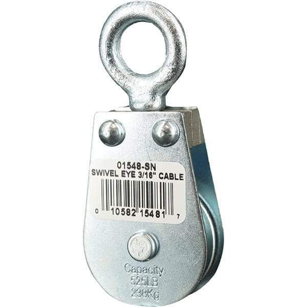 Block Division - 525 Lbs. Load Limit, Swivel Eye Snatch Block - Single Sheave, 1-1/2 Inch Outside Diameter, Wire Rope, 3/16 Inch Diameter, Eye, 5/8 Inch Inside Diameter, Carbon Steel, Zinc Plated Finish - Apex Tool & Supply