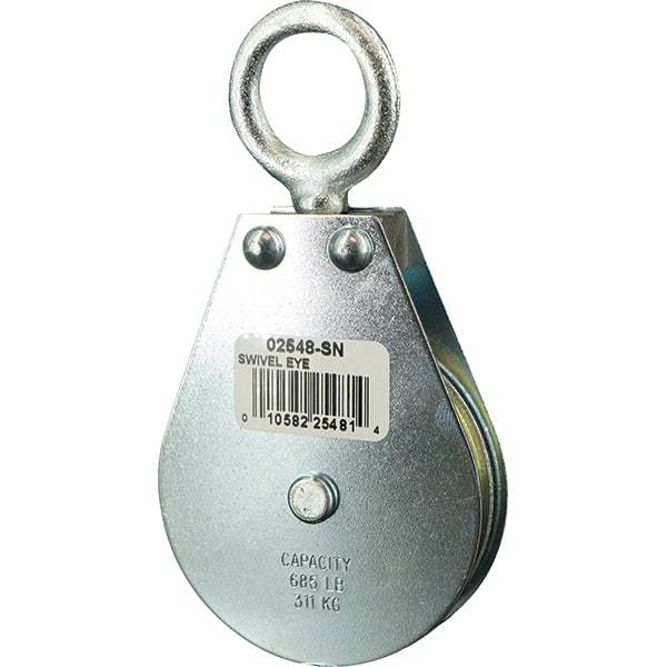 Block Division - 685 Lbs. Load Limit, Swivel Eye Snatch Block - Single Sheave, 2-1/2 Inch Outside Diameter, Wire Rope, 1/4 Inch Diameter, Eye, 7/8 Inch Inside Diameter, Carbon Steel, Zinc Plated Finish - Apex Tool & Supply