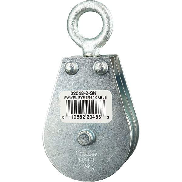 Block Division - 600 Lbs. Load Limit, Swivel Eye Snatch Block - Double Sheave, 2 Inch Outside Diameter, Wire Rope, 3/16 Inch Diameter, Eye, 5/8 Inch Inside Diameter, Carbon Steel, Zinc Plated Finish - Apex Tool & Supply