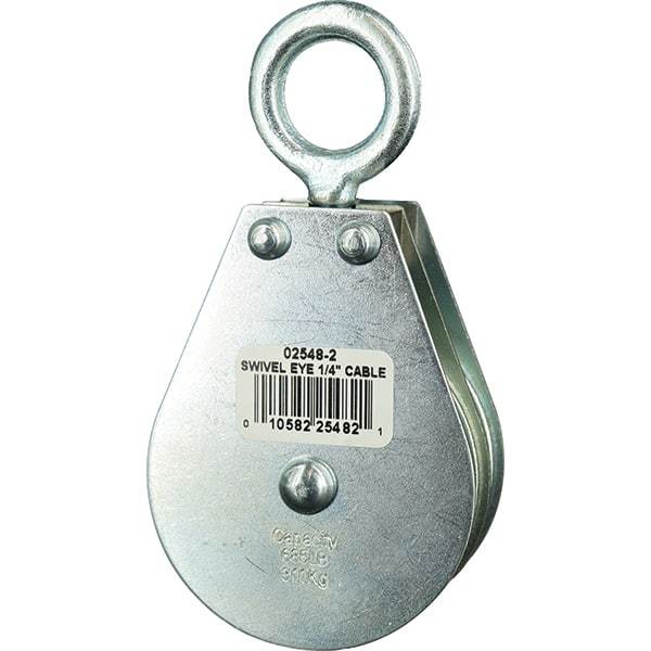 Block Division - 685 Lbs. Load Limit, Swivel Eye Snatch Block - Double Sheave, 2-1/2 Inch Outside Diameter, Wire Rope, 1/4 Inch Diameter, Eye, 7/8 Inch Inside Diameter, Carbon Steel, Zinc Plated Finish - Apex Tool & Supply