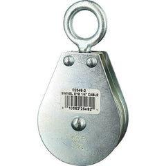 Block Division - 685 Lbs. Load Limit, Swivel Eye Snatch Block - Double Sheave, 2-1/2 Inch Outside Diameter, Wire Rope, 1/4 Inch Diameter, Eye, 7/8 Inch Inside Diameter, Carbon Steel, Zinc Plated Finish - Apex Tool & Supply
