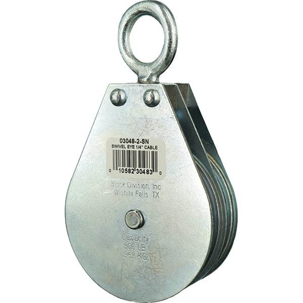 Block Division - 800 Lbs. Load Limit, Swivel Eye Snatch Block - Double Sheave, 3 Inch Outside Diameter, Wire Rope, 1/4 Inch Diameter, Eye, 7/8 Inch Inside Diameter, Carbon Steel, Zinc Plated Finish - Apex Tool & Supply