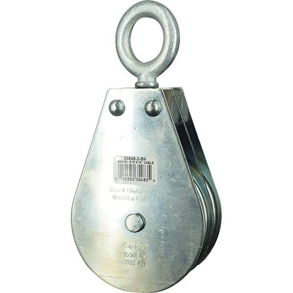 Block Division - 1, 550 Lbs. Load Limit, Swivel Eye Snatch Block - Double Sheave, 3-3/4 Inch Outside Diameter, Wire Rope, 5/16 Inch Diameter, Eye, 1-3/16 Inch Inside Diameter, Carbon Steel, Zinc Plated Finish - Apex Tool & Supply