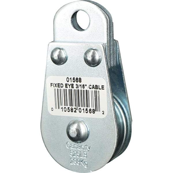 Block Division - 525 Lbs. Load Limit, Rigid Eye Block - Single Sheave, 1-1/2 Inch Outside Diameter, Wire Rope, 3/16 Inch Diameter, Eye, 3/8 Inch Inside Diameter, Carbon Steel, Zinc Plated Finish - Apex Tool & Supply