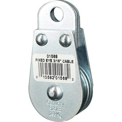 Block Division - 525 Lbs. Load Limit, Rigid Eye Block - Single Sheave, 1-1/2 Inch Outside Diameter, Wire Rope, 3/16 Inch Diameter, Eye, 3/8 Inch Inside Diameter, Carbon Steel, Zinc Plated Finish - Apex Tool & Supply