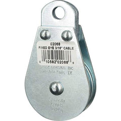 Block Division - 600 Lbs. Load Limit, Rigid Eye Block - Single Sheave, 2 Inch Outside Diameter, Wire Rope, 3/16 Inch Diameter, Eye, 3/8 Inch Inside Diameter, Carbon Steel, Zinc Plated Finish - Apex Tool & Supply
