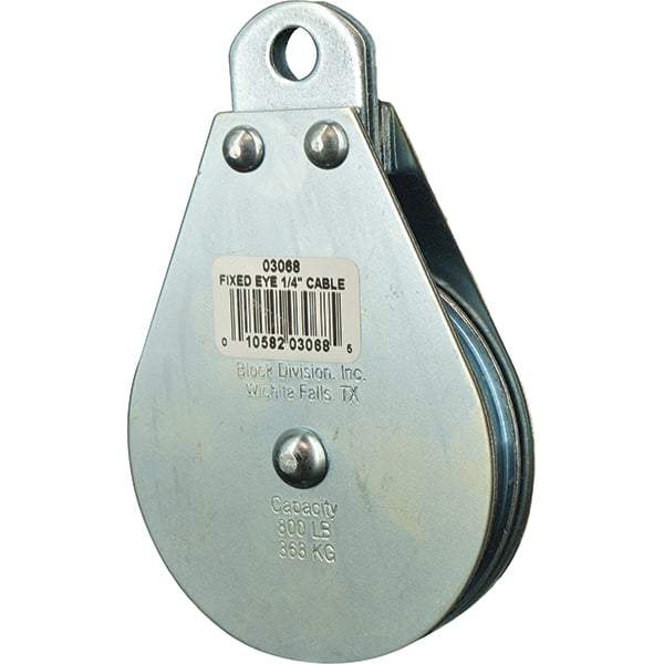 Block Division - 800 Lbs. Load Limit, Rigid Eye Block - Single Sheave, 3 Inch Outside Diameter, Wire Rope, 1/4 Inch Diameter, Eye, 3/8 Inch Inside Diameter, Carbon Steel, Zinc Plated Finish - Apex Tool & Supply