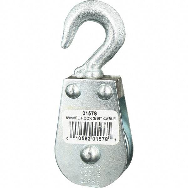 Block Division - 525 Lbs. Load Limit, Swivel Hook Block - Single Sheave, 1-1/2 Inch Outside Diameter, Wire Rope, 3/16 Inch Diameter, Eye, 3/8 Inch Inside Diameter, Carbon Steel, Zinc Plated Finish - Apex Tool & Supply