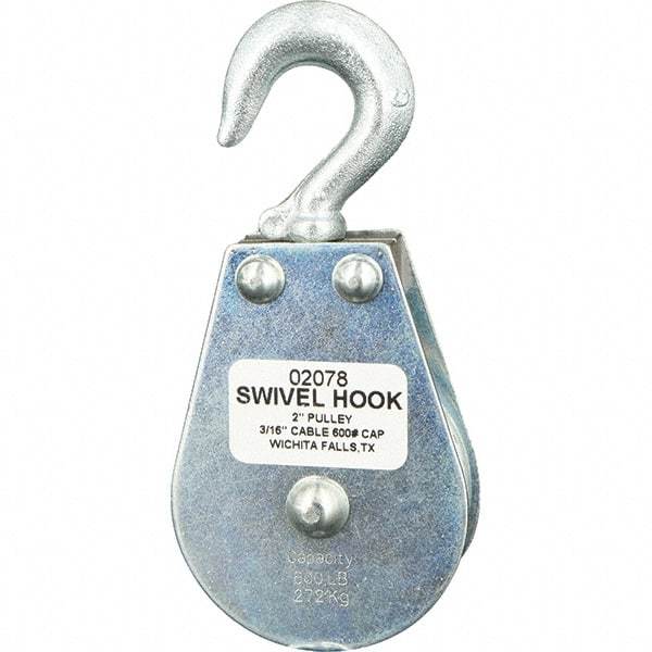 Block Division - 600 Lbs. Load Limit, Swivel Hook Block - Single Sheave, 2 Inch Outside Diameter, Wire Rope, 3/16 Inch Diameter, Eye, 3/8 Inch Inside Diameter, Carbon Steel, Zinc Plated Finish - Apex Tool & Supply