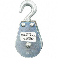 Block Division - 600 Lbs. Load Limit, Swivel Hook Block - Single Sheave, 2 Inch Outside Diameter, Wire Rope, 3/16 Inch Diameter, Eye, 3/8 Inch Inside Diameter, Carbon Steel, Zinc Plated Finish - Apex Tool & Supply