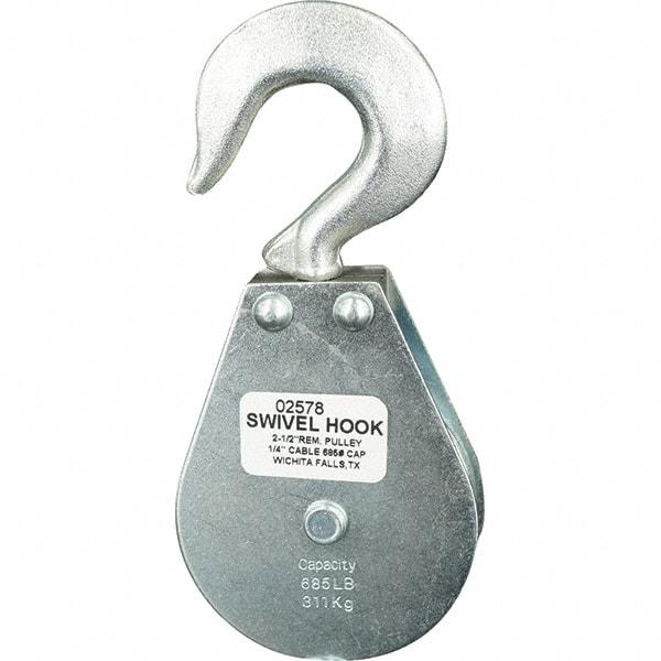 Block Division - 685 Lbs. Load Limit, Swivel Hook Block - Single Sheave, 2-1/2 Inch Outside Diameter, Wire Rope, 1/4 Inch Diameter, Eye, 3/8 Inch Inside Diameter, Carbon Steel, Zinc Plated Finish - Apex Tool & Supply