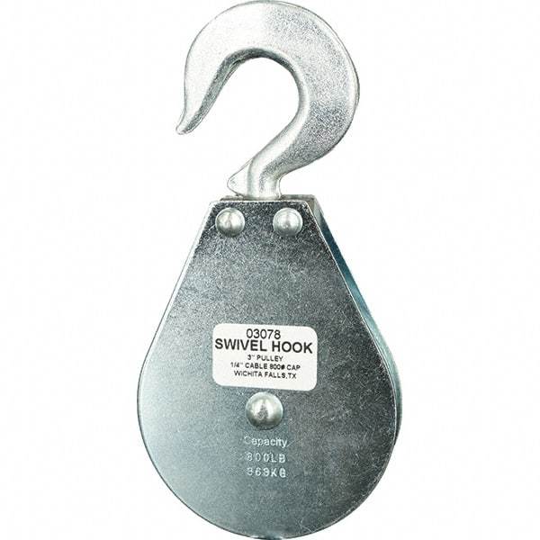 Block Division - 800 Lbs. Load Limit, Swivel Hook Block - Single Sheave, 3 Inch Outside Diameter, Wire Rope, 1/4 Inch Diameter, Eye, 3/8 Inch Inside Diameter, Carbon Steel, Zinc Plated Finish - Apex Tool & Supply