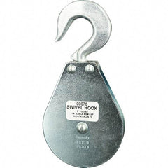 Block Division - 800 Lbs. Load Limit, Swivel Hook Block - Single Sheave, 3 Inch Outside Diameter, Wire Rope, 1/4 Inch Diameter, Eye, 3/8 Inch Inside Diameter, Carbon Steel, Zinc Plated Finish - Apex Tool & Supply