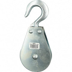 Block Division - 1, 550 Lbs. Load Limit, Swivel Hook Block - Single Sheave, 3-1/2 Inch Outside Diameter, Wire Rope, 5/16 Inch Diameter, Eye, 9/16 Inch Inside Diameter, Carbon Steel, Zinc Plated Finish - Apex Tool & Supply