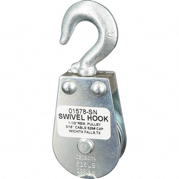 Block Division - 525 Lbs. Load Limit, Swivel Hook Block - Single Sheave, 1-5/8 Inch Outside Diameter, Wire Rope, 3/16 Inch Diameter, Eye, 3/8 Inch Inside Diameter, Carbon Steel, Zinc Plated Finish - Apex Tool & Supply