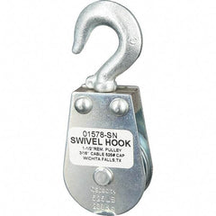 Block Division - 525 Lbs. Load Limit, Swivel Hook Block - Single Sheave, 1-5/8 Inch Outside Diameter, Wire Rope, 3/16 Inch Diameter, Eye, 3/8 Inch Inside Diameter, Carbon Steel, Zinc Plated Finish - Apex Tool & Supply