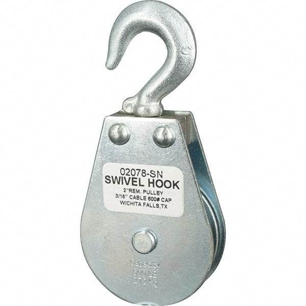 Block Division - 600 Lbs. Load Limit, Swivel Hook Block - Single Sheave, 2-1/8 Inch Outside Diameter, Wire Rope, 3/16 Inch Diameter, Eye, 3/8 Inch Inside Diameter, Carbon Steel, Zinc Plated Finish - Apex Tool & Supply