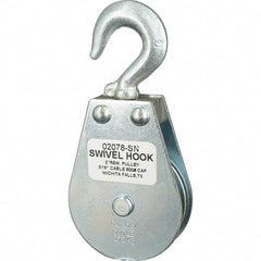 Block Division - 600 Lbs. Load Limit, Swivel Hook Block - Single Sheave, 2-1/8 Inch Outside Diameter, Wire Rope, 3/16 Inch Diameter, Eye, 3/8 Inch Inside Diameter, Carbon Steel, Zinc Plated Finish - Apex Tool & Supply