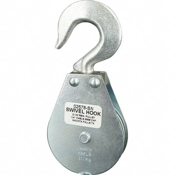 Block Division - 685 Lbs. Load Limit, Swivel Hook Block - Single Sheave, 2-5/8 Inch Outside Diameter, Wire Rope, 1/4 Inch Diameter, Eye, 3/8 Inch Inside Diameter, Carbon Steel, Zinc Plated Finish - Apex Tool & Supply