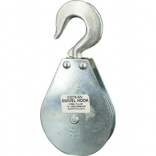 Block Division - 800 Lbs. Load Limit, Swivel Hook Block - Single Sheave, 3-1/8 Inch Outside Diameter, Wire Rope, 1/4 Inch Diameter, Eye, 3/8 Inch Inside Diameter, Carbon Steel, Zinc Plated Finish - Apex Tool & Supply