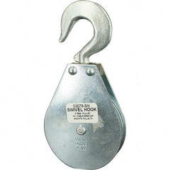 Block Division - 800 Lbs. Load Limit, Swivel Hook Block - Single Sheave, 3-1/8 Inch Outside Diameter, Wire Rope, 1/4 Inch Diameter, Eye, 3/8 Inch Inside Diameter, Carbon Steel, Zinc Plated Finish - Apex Tool & Supply