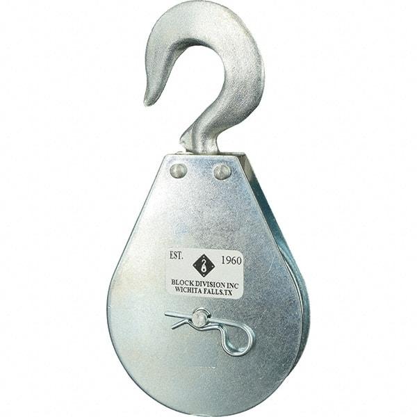 Block Division - 1, 550 Lbs. Load Limit, Swivel Hook Block - Single Sheave, 3-3/4 Inch Outside Diameter, Wire Rope, 5/16 Inch Diameter, Eye, 9/16 Inch Inside Diameter, Carbon Steel, Zinc Plated Finish - Apex Tool & Supply