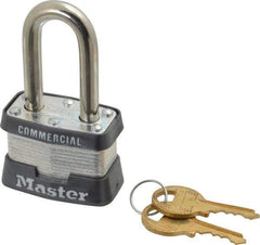 Master Lock - 1-1/2" Shackle Clearance, Keyed Different Padlock - 5/8" Shackle Width, 9/32" Shackle Diam, Laminated Steel - Apex Tool & Supply