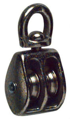 Value Collection - Swivel Eye Double Sheave Pulley - Sheave, 1 Inch Outside Diameter, Fibrous Rope, 1/4 Inch Diameter, Gray Iron, Nickel Plated Finish - Apex Tool & Supply