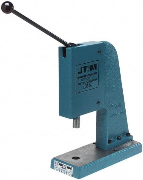 JT&M - 1" Ram, 4-3/4" Throat Depth, 2 Ton Manual Arbor Press - 5-15/16" Max Work Height x 9-1/2" Max Work Width, 5" Base Width x 13" Base Depth - Apex Tool & Supply