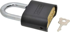 Master Lock - 2" Body Width, 1" Shackle Clearance, Black Die Cast Combination Lock - 5/16" Shackle Diam - Apex Tool & Supply