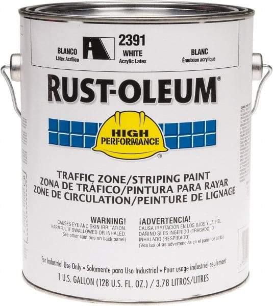 Rust-Oleum - 1 Gallon White Water Based Striping Paint - 410 Linear Ft. at 4 Inch Wide, <100 VOC Compliant, 30 Minutes Tack Free Dry Time, 8 Hrs Recoat Dry Time - Apex Tool & Supply