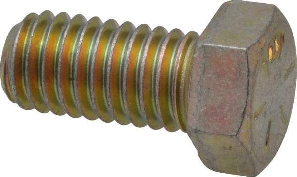Made in USA - 7/16-14 UNC, 7/8" Length Under Head Hex Head Cap Screw - Fully Threaded, Grade 8 Alloy Steel, Zinc Yellow Dichromate Finish, 5/8" Hex - Apex Tool & Supply
