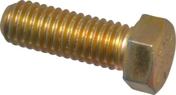 Made in USA - 7/16-14 UNC, 1-1/4" Length Under Head Hex Head Cap Screw - Fully Threaded, Grade 8 Alloy Steel, Zinc Yellow Dichromate Finish, 5/8" Hex - Apex Tool & Supply
