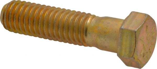 Made in USA - 7/16-14 UNC, 1-3/4" Length Under Head Hex Head Cap Screw - Partially Threaded, Grade 8 Alloy Steel, Zinc Yellow Dichromate Finish, 5/8" Hex - Apex Tool & Supply